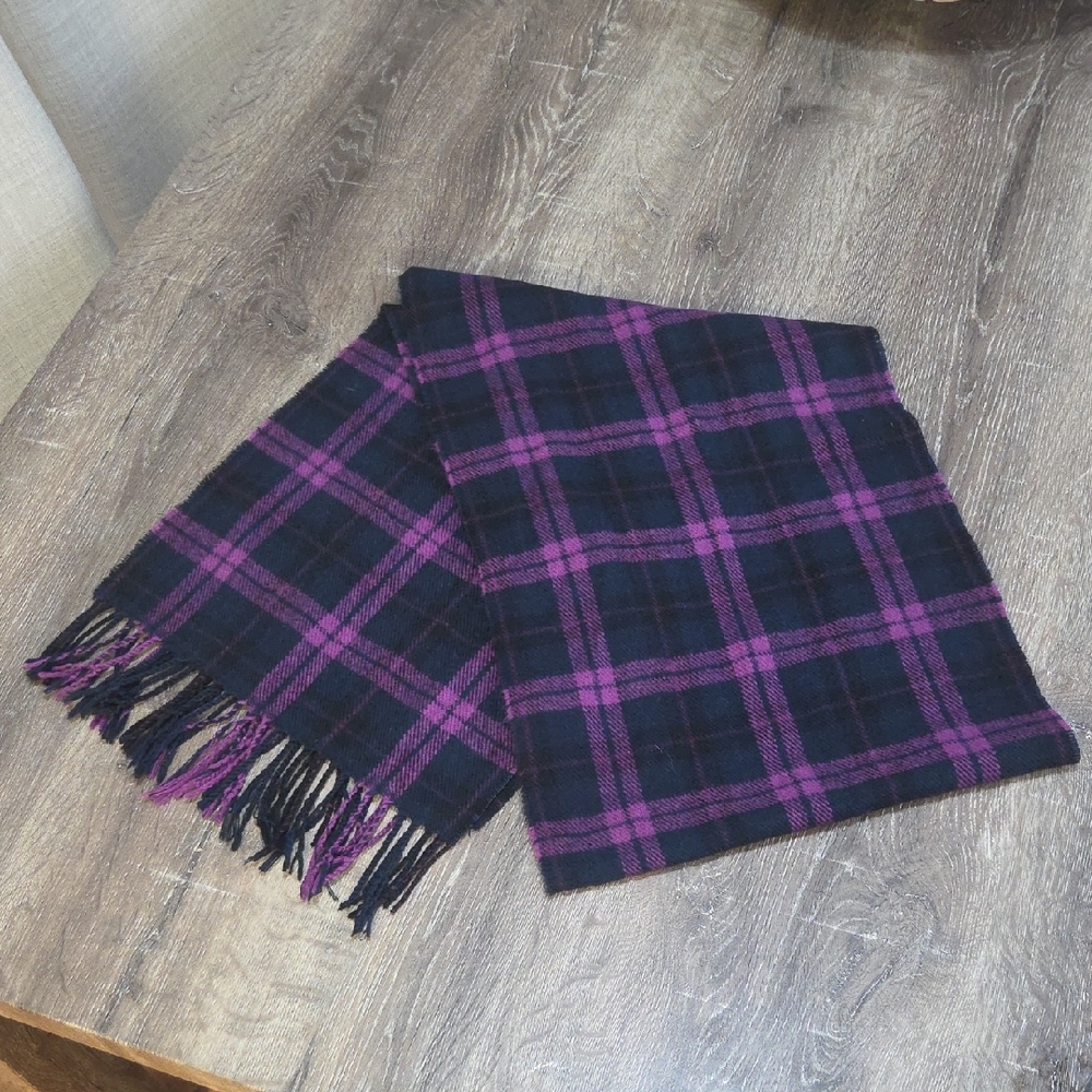Flannel Scarf Black and Purple Plaid Tassel Trim Scarf Tartan Unisex